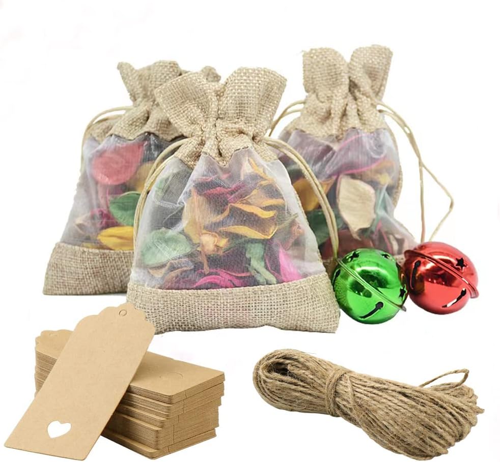 GIOIPC 20Pcs 4 x 6 Inch Linen Burlap Sheer Bags with Drawstring and Bonus Gift Tags for Wedding