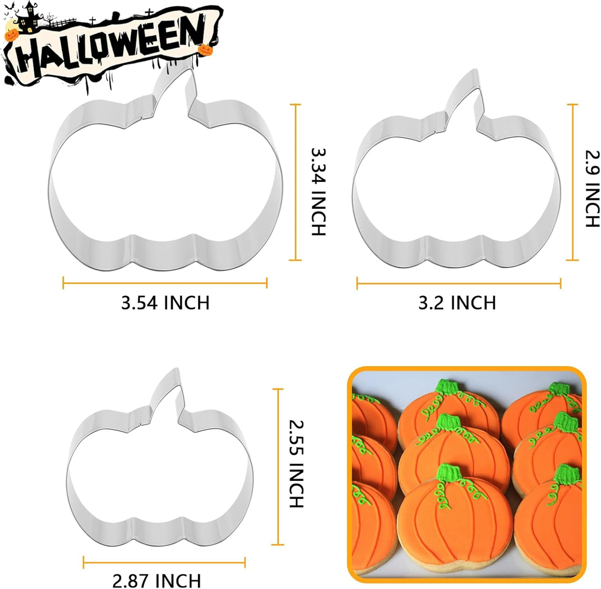 Pumpkin Cookie Cutters Set，3.54", 3.2", 2.87"- 3Pcs Halloween Thanksgiving Fruit Cookie Cutters for
