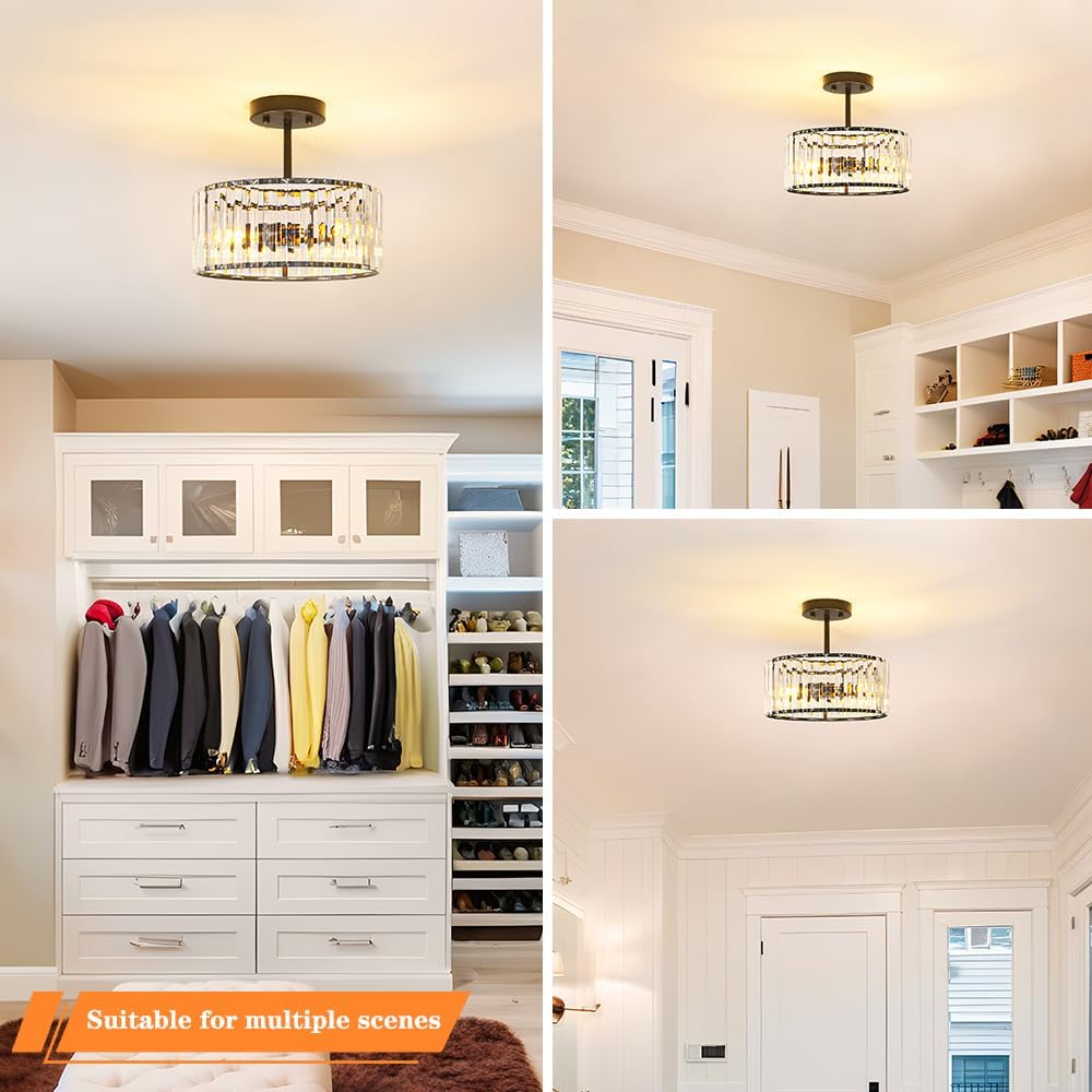 Modern Crystal Ceiling Light, Matte Black Semi Flush Mount Ceiling Lighting Fixture, Hallway Light