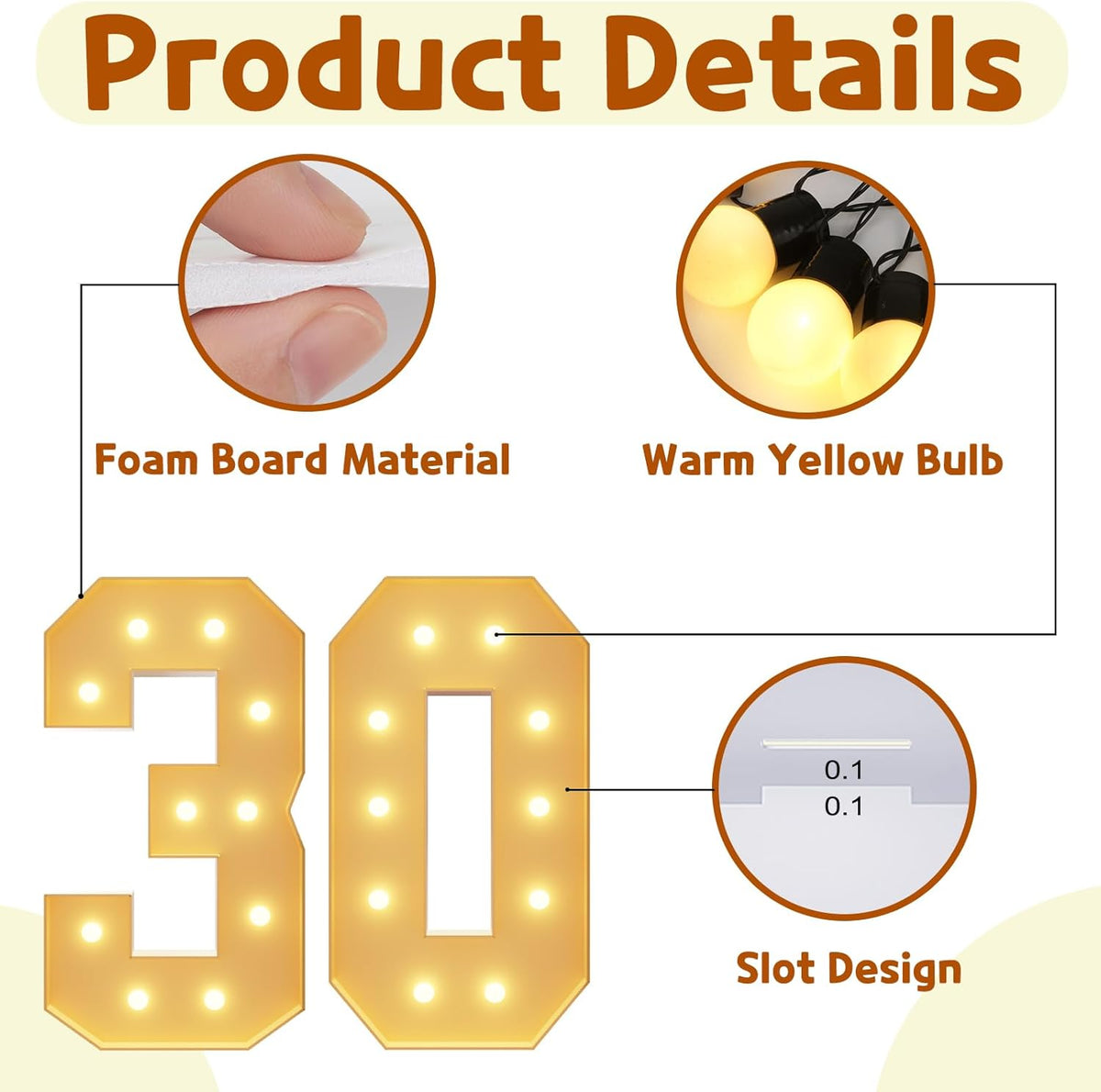 imprsv 4FT Light Up Numbers, Marquee Numbers 30th Birthday Decorations for Women, Men Foam Board