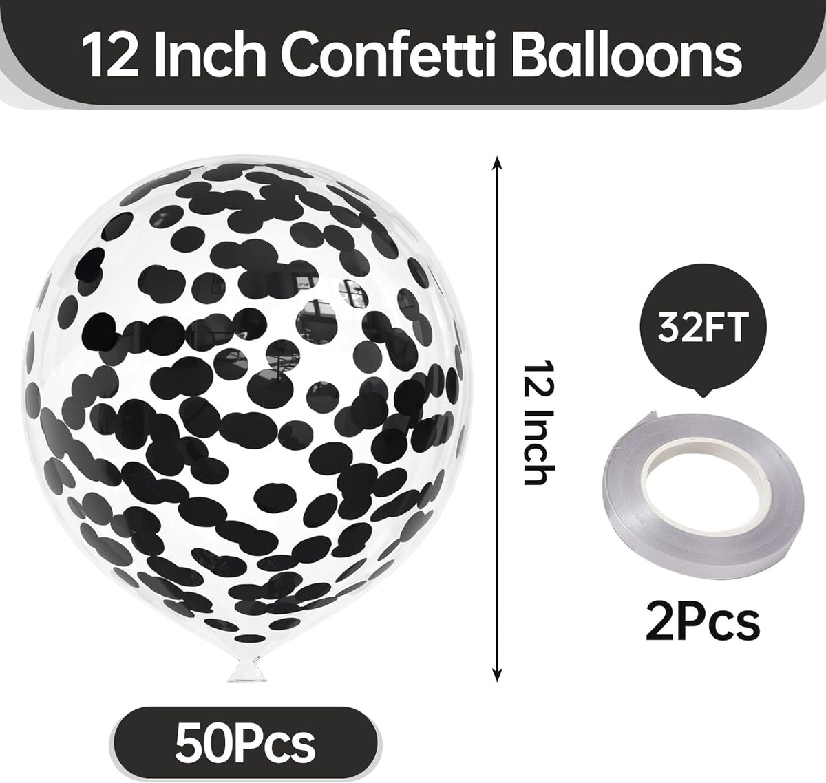 50pcs Black Foil Confetti Balloons,12 inch Latex Balloon with Black Confetti Inside for Birthday