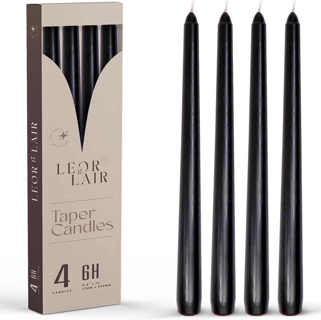 Leor & Lair Black Taper Candles - 4 Pack 10" Black Candlesticks - Unscented Long Burning Halloween