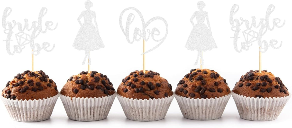 Sotpot 24PCS Bride to Be Cupcake Toppers with Heart Silver Glitter Dress Bridal Shower Cupcake