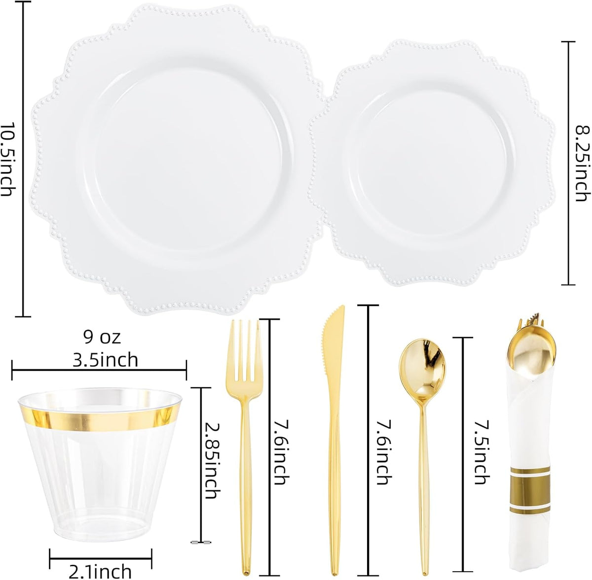 COLOSUS 350pcs White Plastic Plates Disposable Gold Cutlery Dinnerware set for party: 50 Dinner