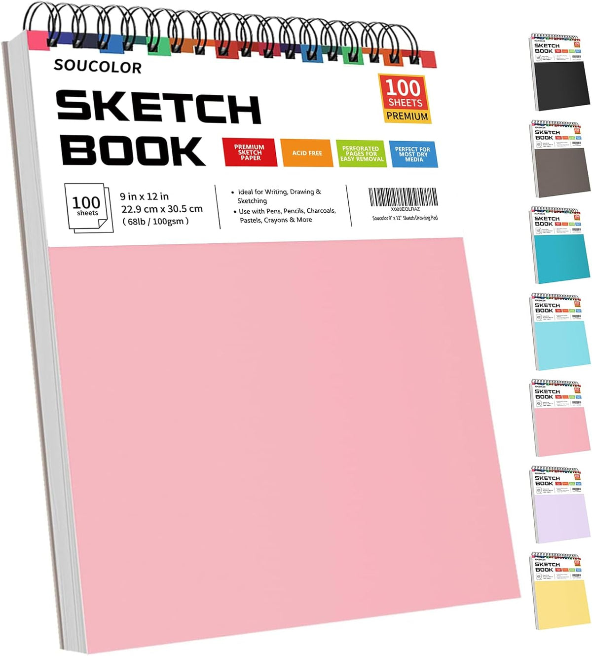 Soucolor Cute Sketchbook 9" x 12" for Women, 1-Pack 100 Sheets Spiral Notebook Drawing Pad for