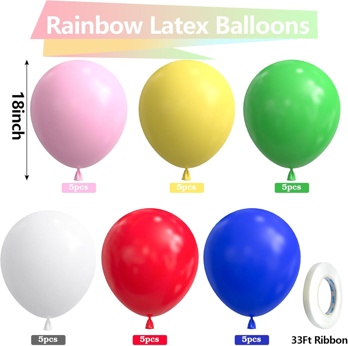 Bezente Rainbow Balloons 18 Inch - 30 Pack Large Thick Assorted Balloons Big Round Colorful Latex