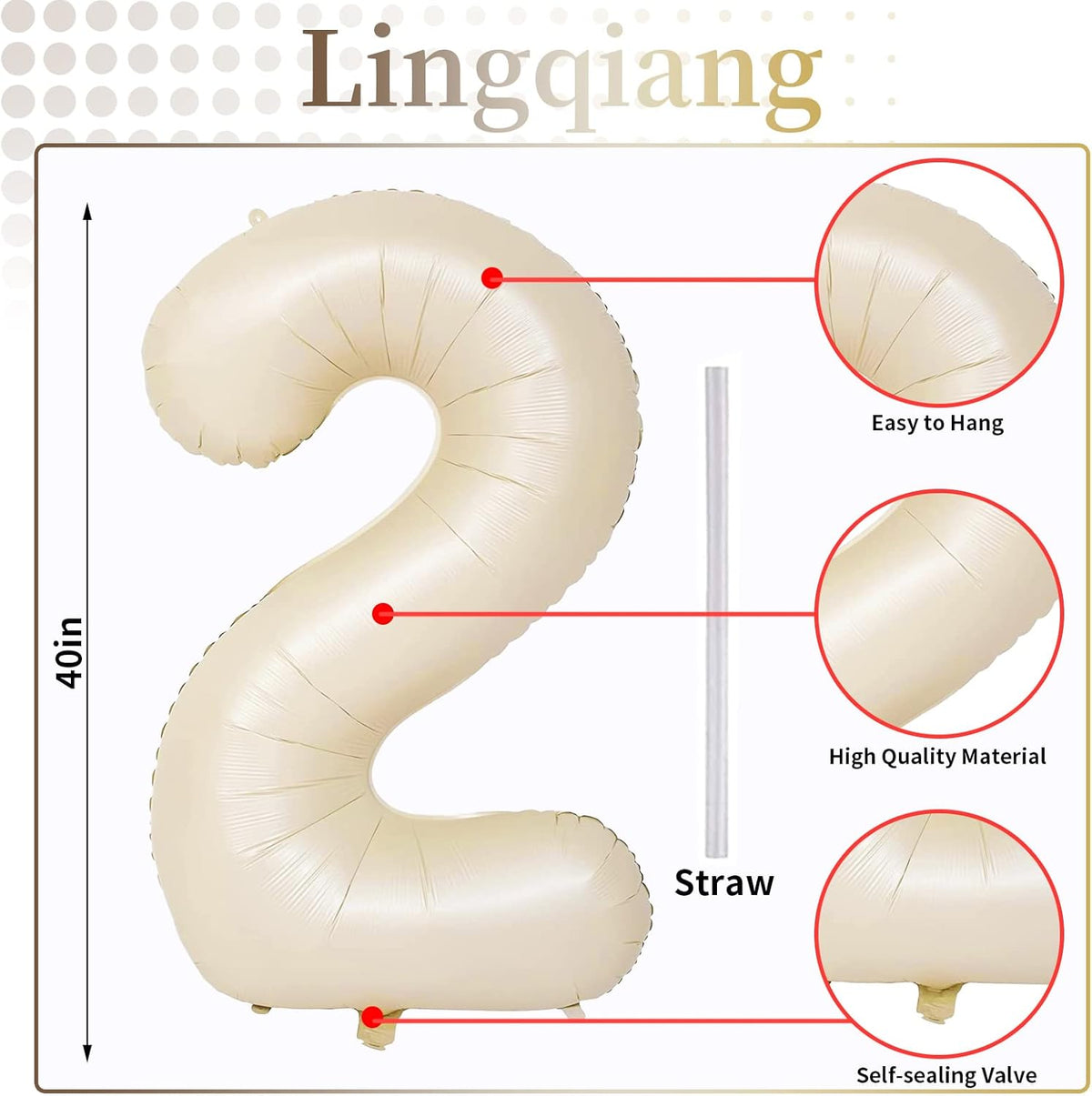 Cream 2 Balloons, 40 Inch Giant Helium Foil Number 0-9 Beige 2th Birthday Balloon for Boys Girls