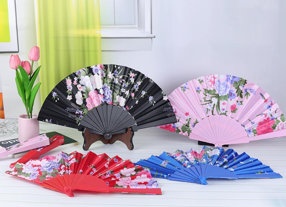 HUNANBANG 1 Dozen Oriental Flowers Japanese Folding Hand Fans Spanish Church Wedding Vintage Gift