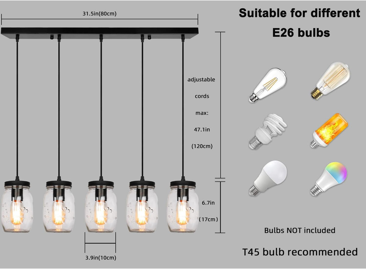 Glass Mason Jar Light Fixtures, 5-Light Adjustable Height Pendant Ceiling Lights Flush Mount