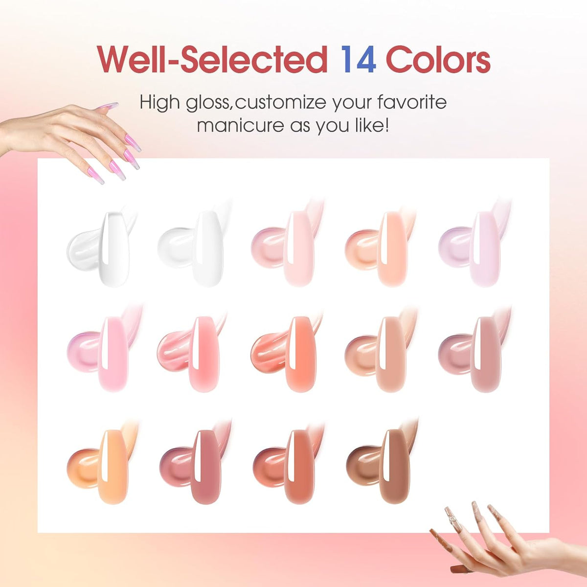 Poly Nail Gel Starter Kit -14 Colors + 75 Nails Art Accessories Kits, ROSALIND Nue Clear Poly