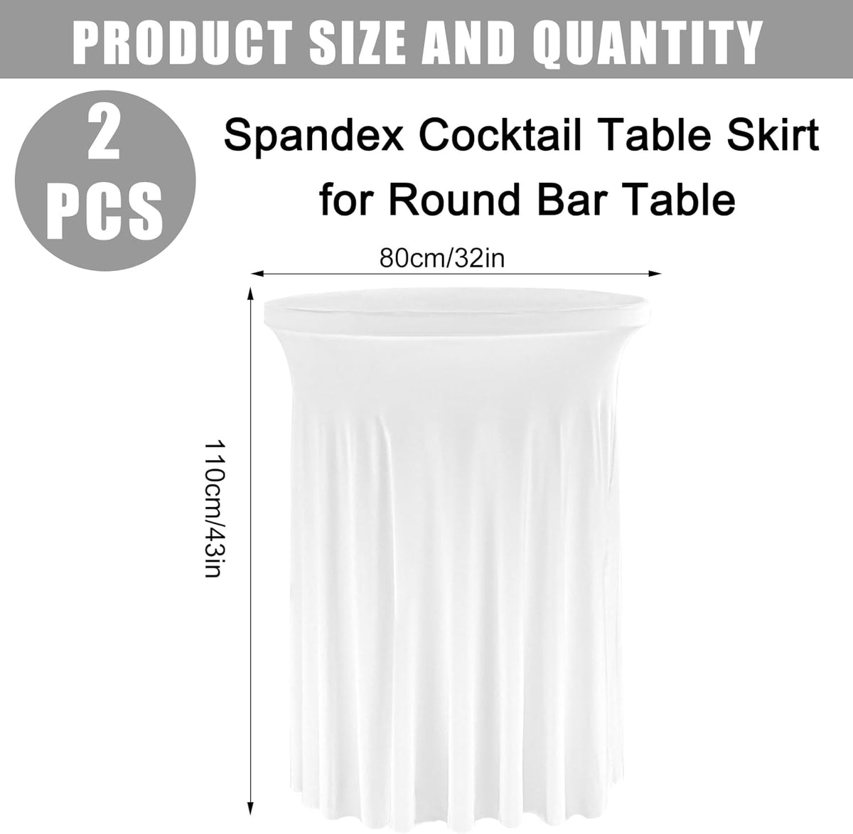 Fivenl 2 Pack Spandex Cocktail Table Skirt 32"x 43" White Stretch Cocktail Table Cover, Washable