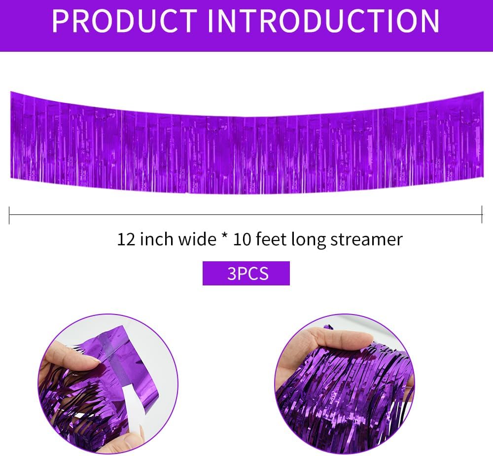BEISHIDA 3 Packs 30 Feet Metallic Foil Fringe Garland Tinsel Streamers，Shiny Purple Wall Hanging