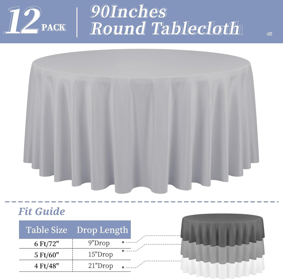 12 Pack Round Tablecloth 90 Inch - Light Grey Polyester TableCloth for Round Table, Premium Light