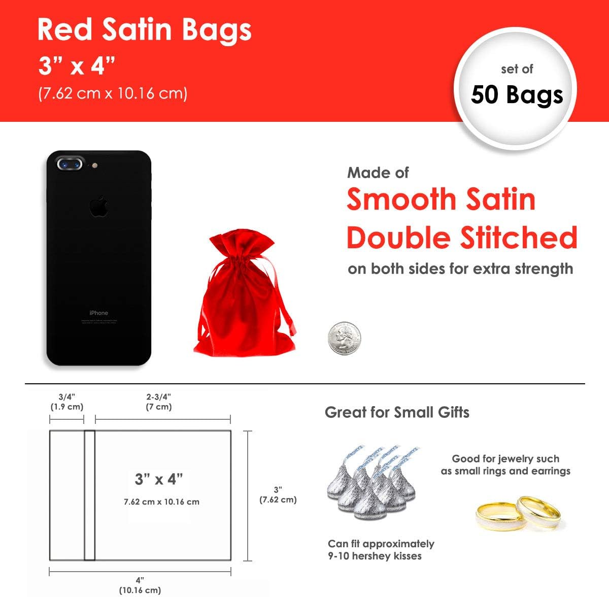 3" x 4" Red Satin Gift Bags, Jewelry Bags, Wedding Favor Silky Drawstring Baby Shower Christmas 50
