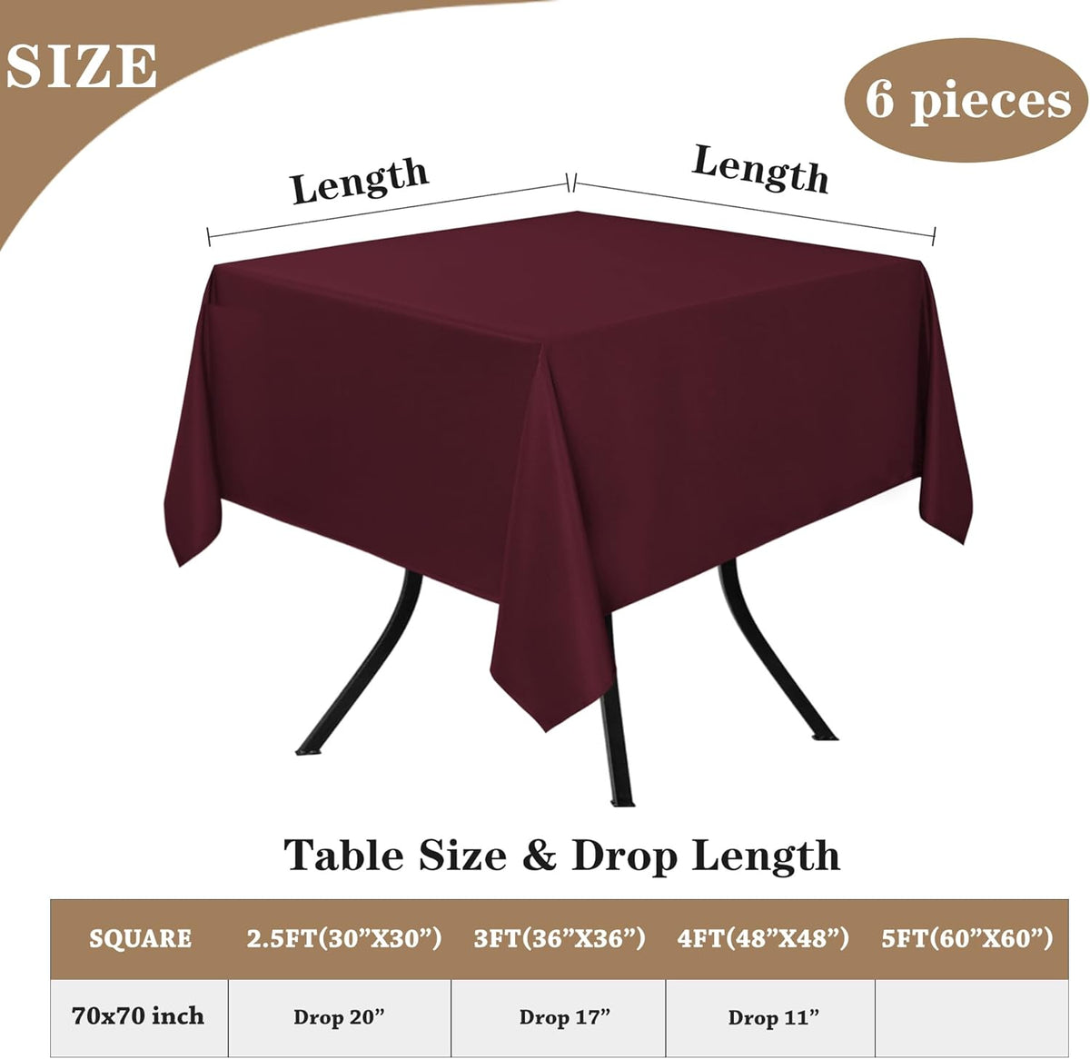 Fitable 6 Pack Square Tablecloths - 70 x 70 Inches - Stain Resistant and Reusable Table Clothes