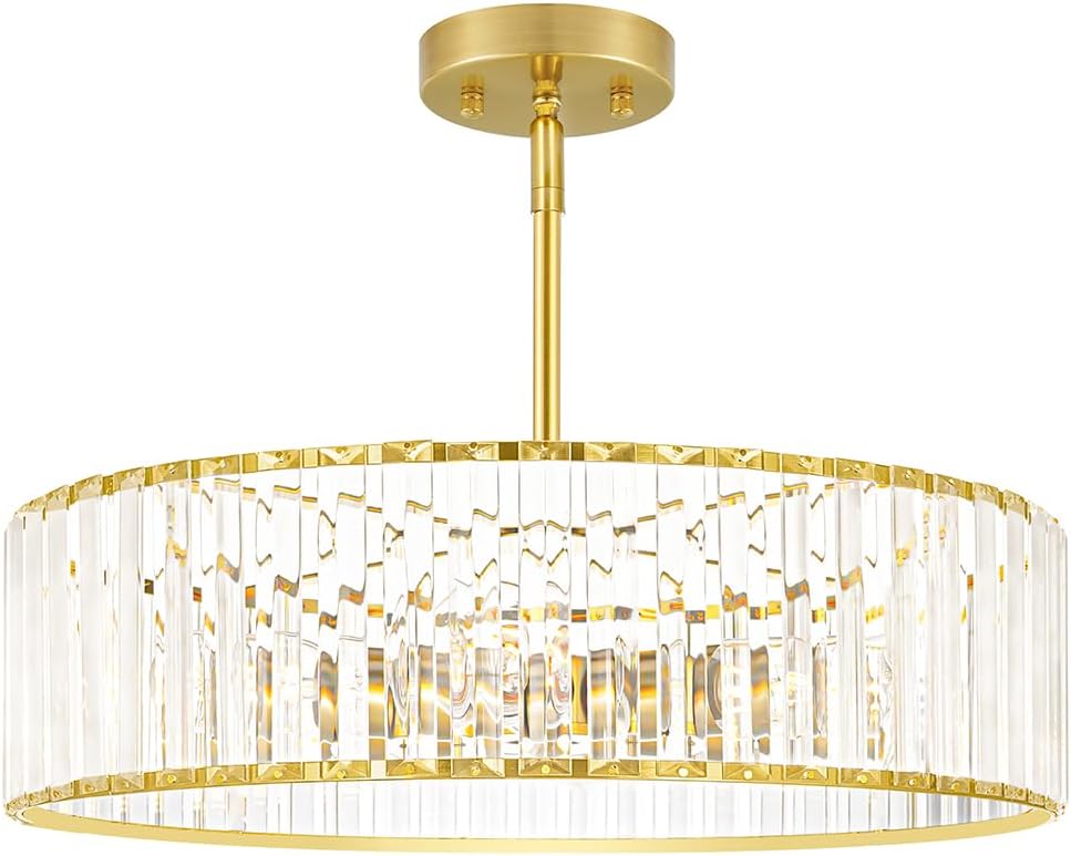 Gold Crystal Chandelier for Dining Room, 6-Light Modern Semi Flush Mount Ceiling Lighting Fixtures