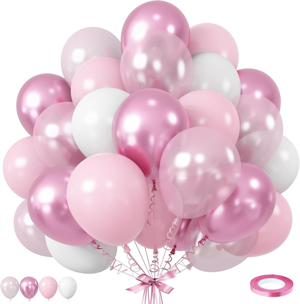 Pink Balloon Set - 12 Inch Metallic, Light Pink and White Latex, Pastel Macaron Pink Party