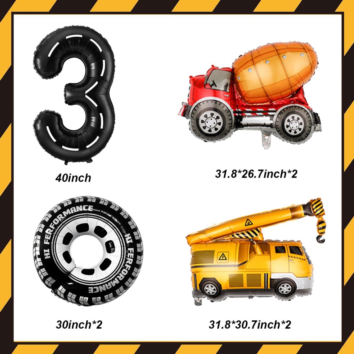 3rd Birthday Decorations for Boys Construction Balloons 40inch Number 3 Balloons Truck Foil Balloon