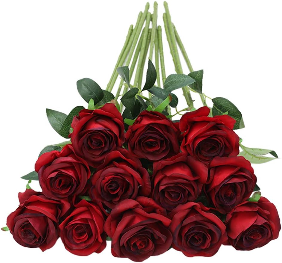 Tifuly 12pcs Red Roses Artificial Flowers,Realistic Long Stem Fake Silk Roses Bouquet for Party