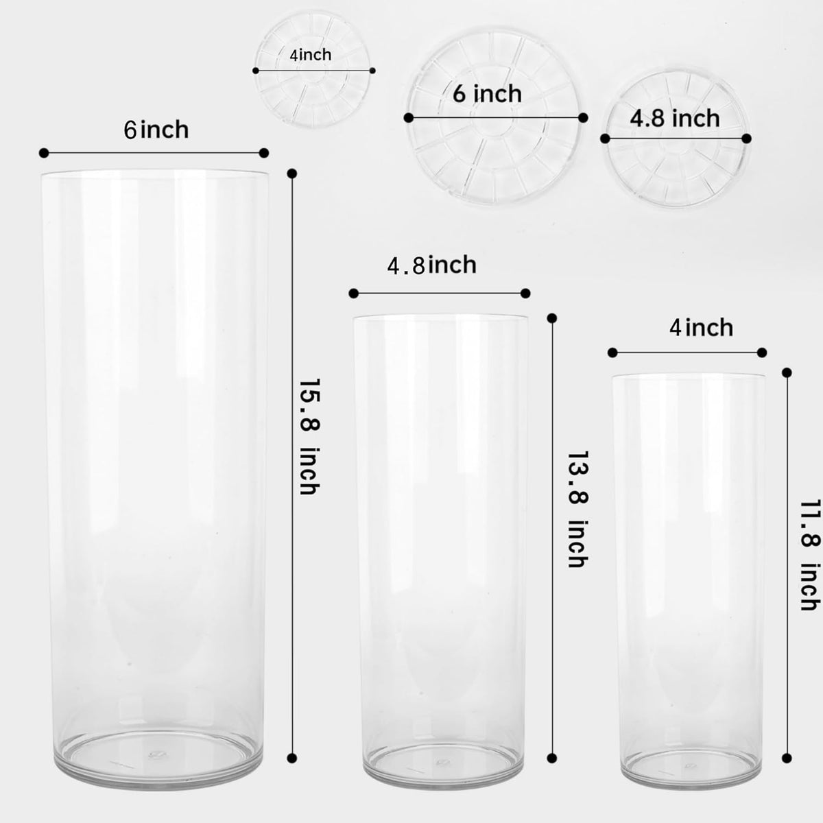 3 Large Acrylic Cylinder Clear Vase for Centerpieces, Hurricane Unbreakable Tall Big Wide Mouth