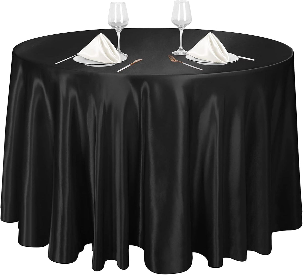 Ruisita 120 Inches Round Satin Tablecloths Black Overlay Round Satin Table Cover Bright Silk