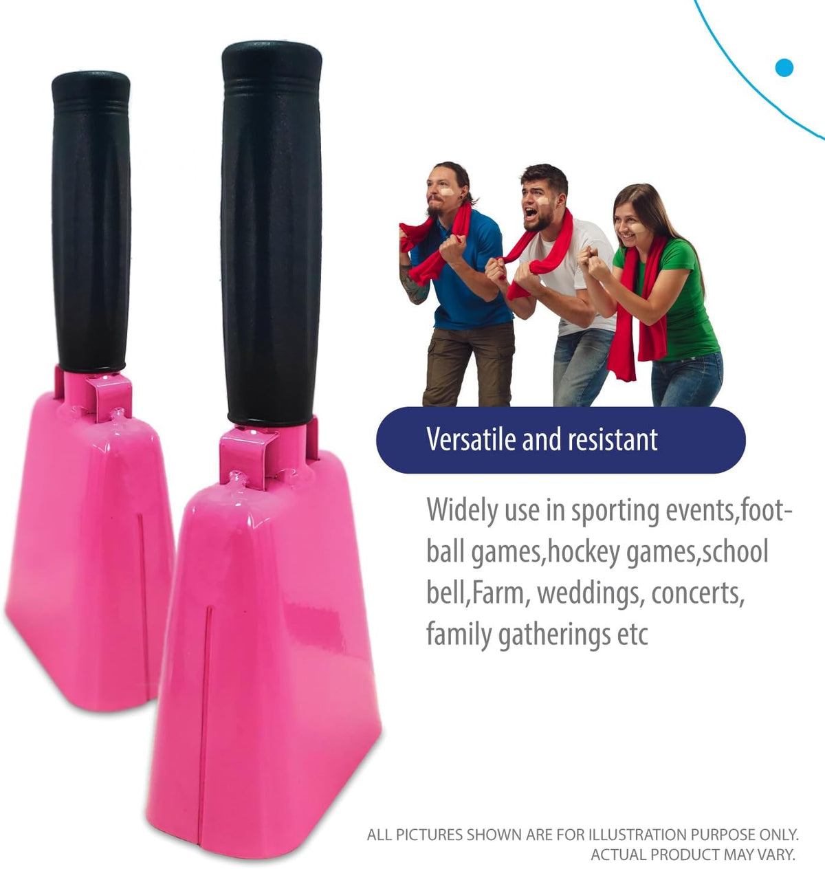 Deke Home - 2 Pack 7 Inch Steel Cowbells with Handle, Loud Noise Makers for Football, Sports