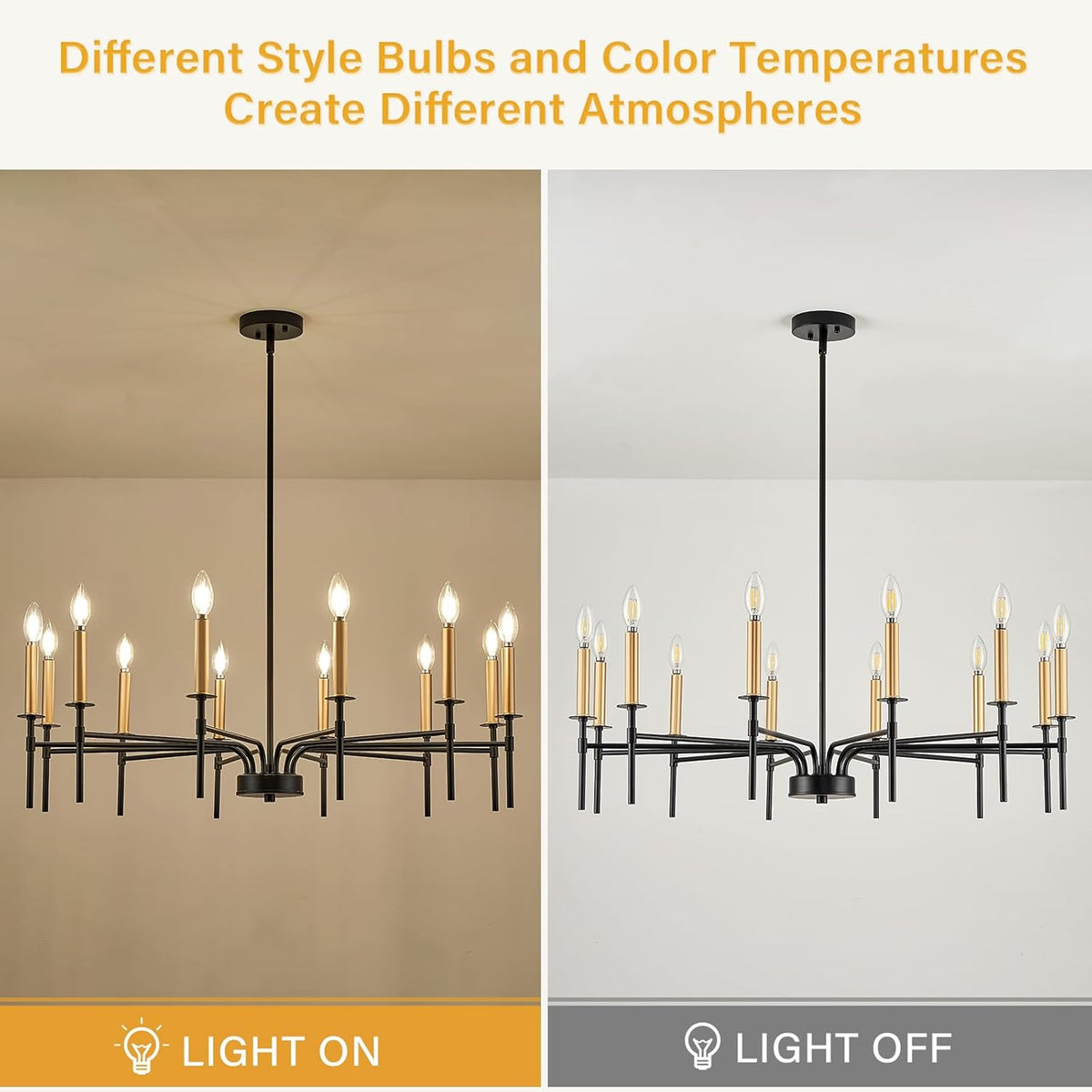 12 Light Modern Farmhouse Black and Gold Chandeliers for Dining Room Light Fixture, Metal Candle