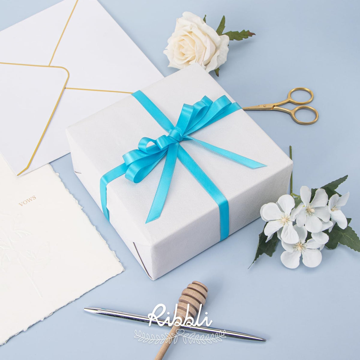 Ribbli Double Faced Turquoise Blue Satin Ribbon,3/8” x Continuous 25 Yards,Use for Bows