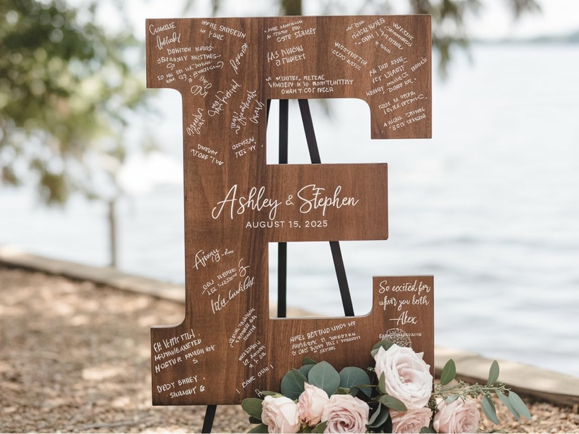 NAZENTI Wedding Guest Book Alternative Wooden Letter Personalized, Custom Initial Wedding Guest