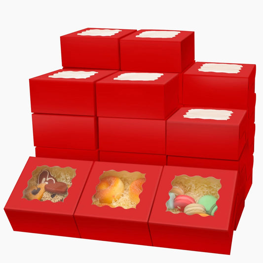 Bakepacker 60pcs Red Bakery Boxes with Window 6x6x3 inches Thick & Cookie Boxes & Sturdy Macaroon