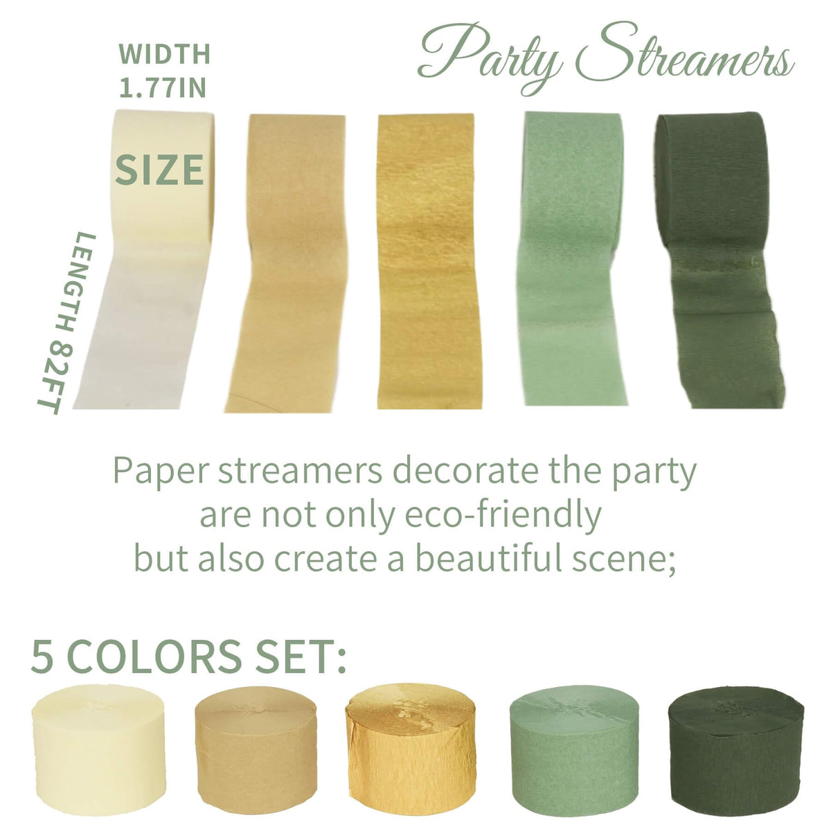 Kiwayo Birthday Baby Shower Decorations, Sage Green Gold Crepe Paper Streamers Party Decorations(5