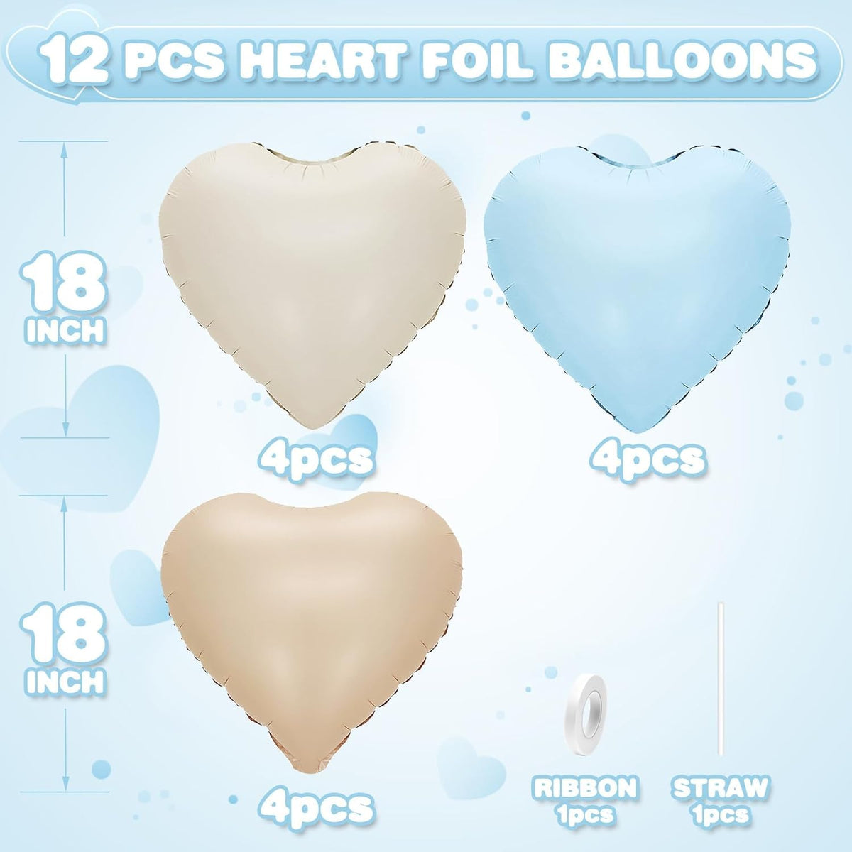 Blue Cream White Heart Balloons,12Pcs 18Inch Baby Blue Beige Apricot Nude Heart Shaped Foil Helium