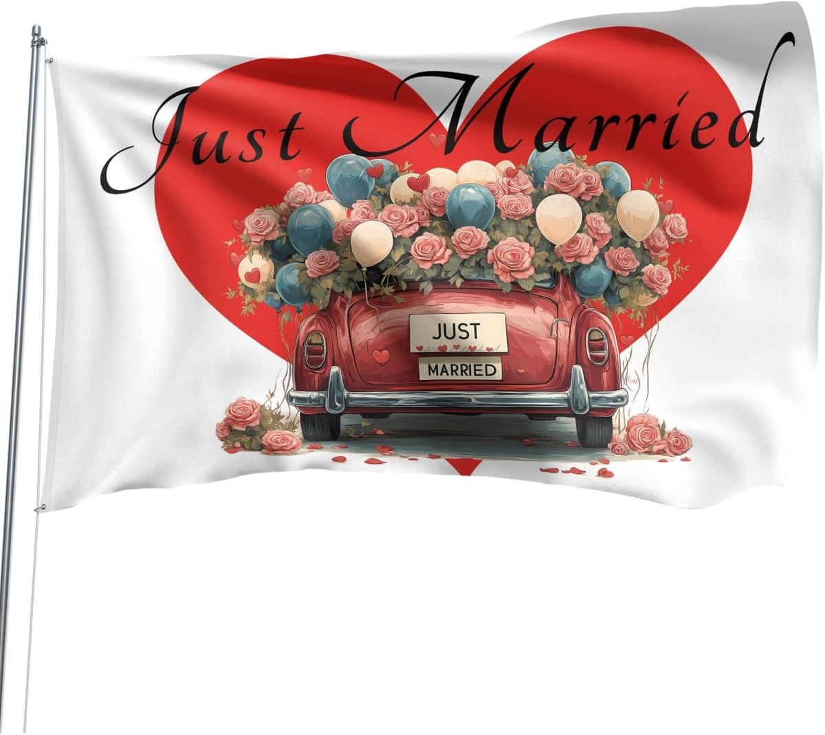 Heart Just Married Flag Banner Outdoor Indoor Decoration Flag 3x5 FT Double Stitched Polyester with