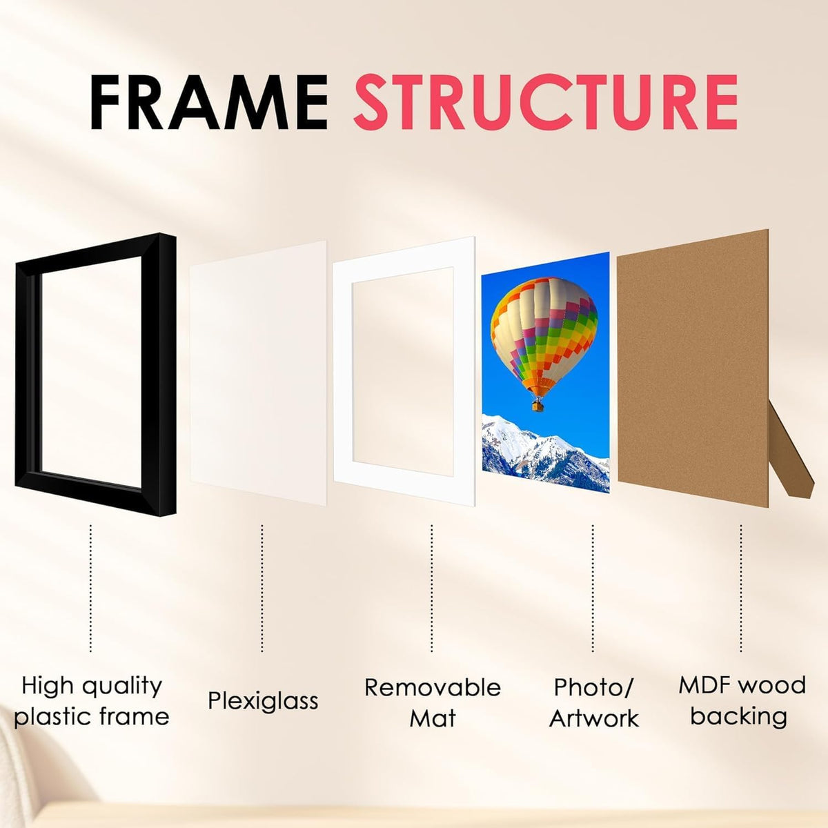 FIXSMITH 8.5x11 Picture Frame, Black Photo Frame with HD Plexiglass, Display Pictures 6x8 with Mat