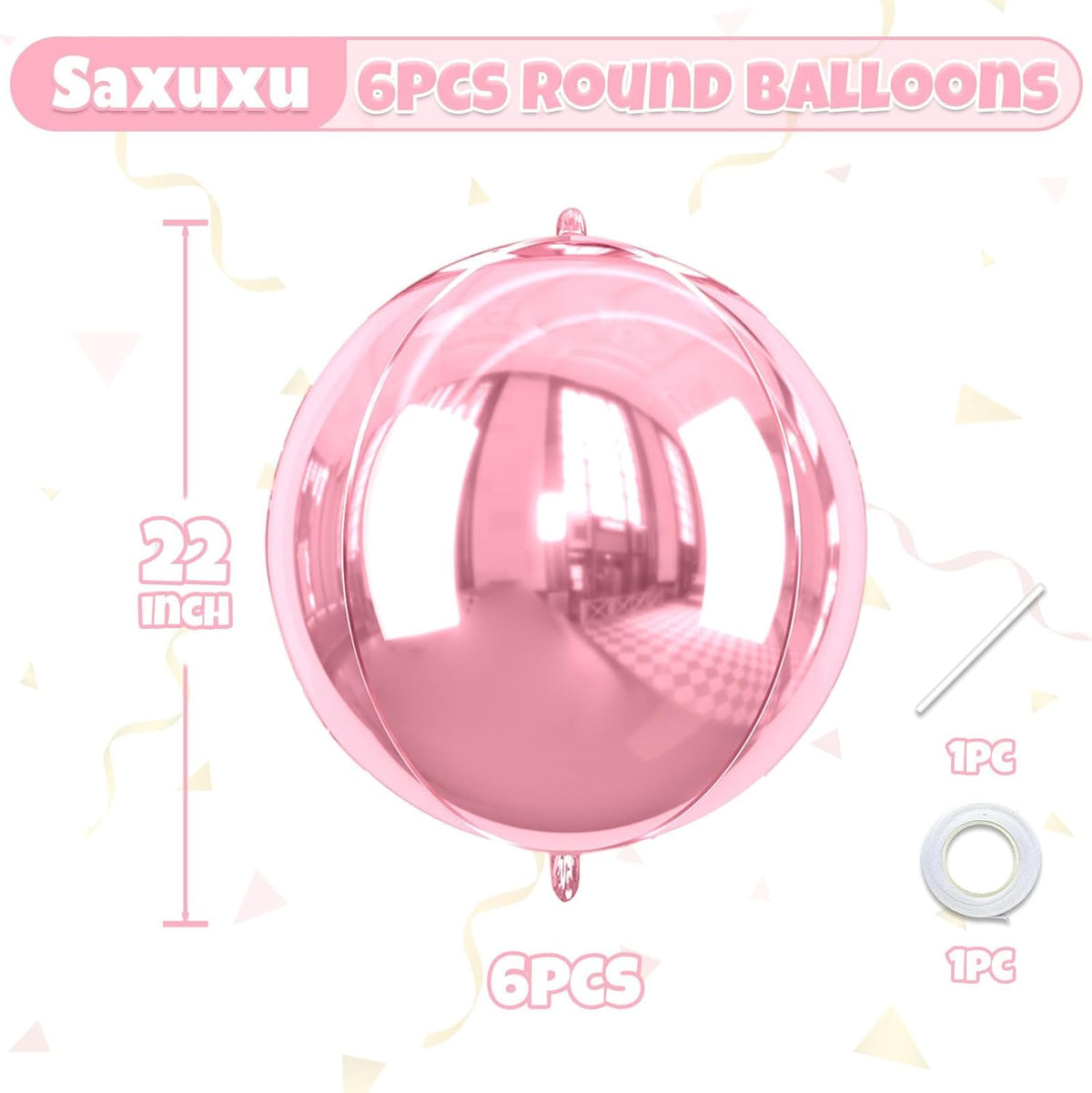 Giant 4D Pink Foil Balloons, 6Pcs Large Metallic Pink Round Balloons, 22 Inch Big Round Foil