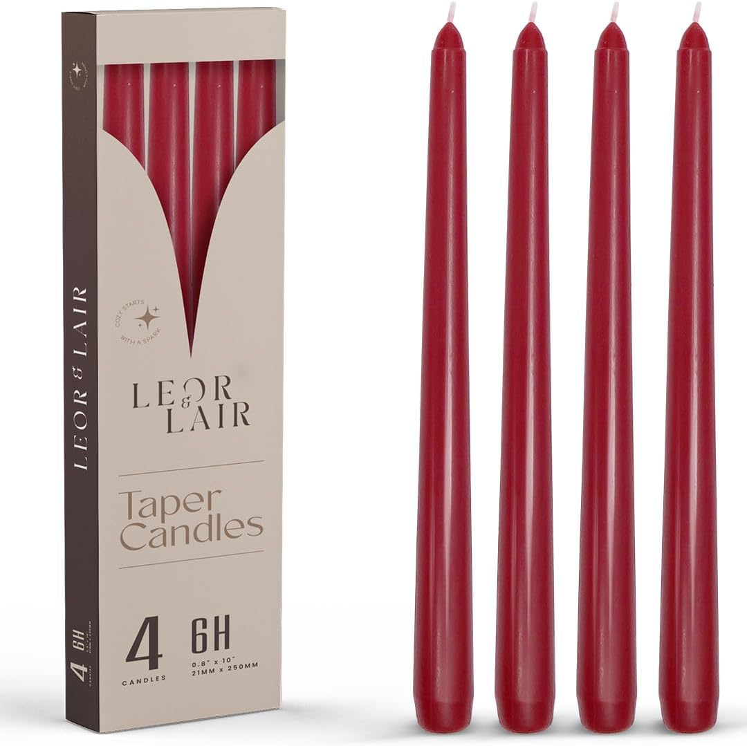 Leor & Lair Red Taper Candles for Christmas - 4 Pack 10" Dark Red Candlesticks - Unscented Long
