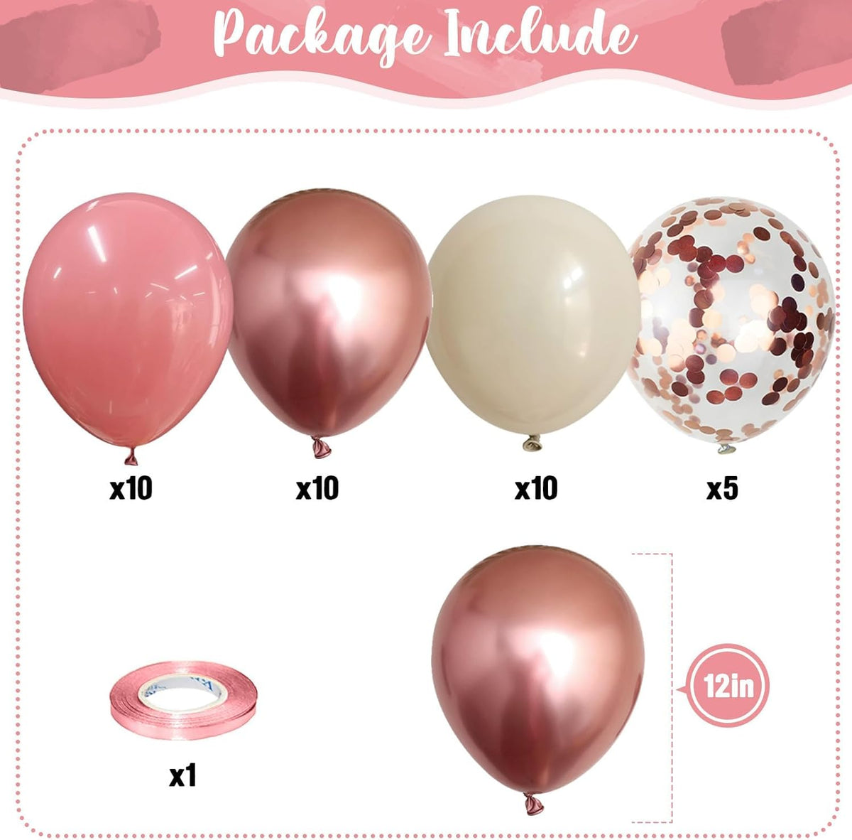 Dusty Pink and Rose Gold Balloons, 12In Retro Blush Pink Beige White Balloons with Metallic Rose