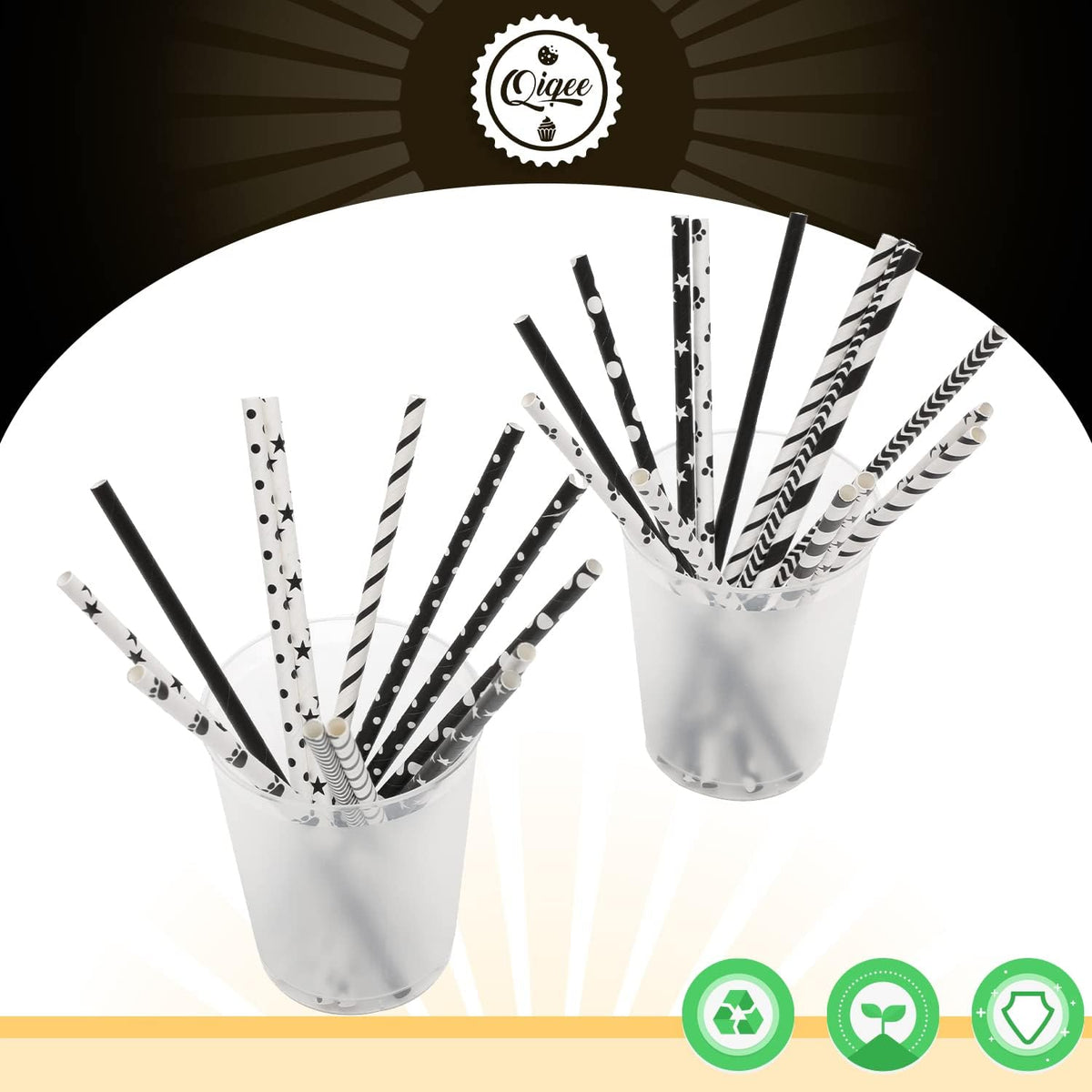 qiqee Black Paper Straws 150pcs Disposable Straws Bulk (10 Black Patterns, Biodegradable