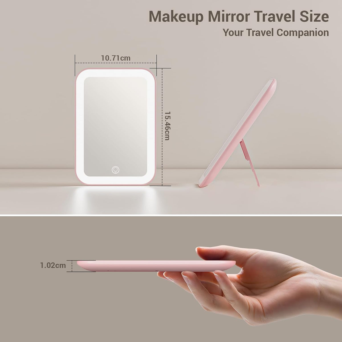 Kintion Travel Makeup Mirror, 6"*4.2" Rechargeable Portable LED Lighted Tabletop Vanity Mirror, 3