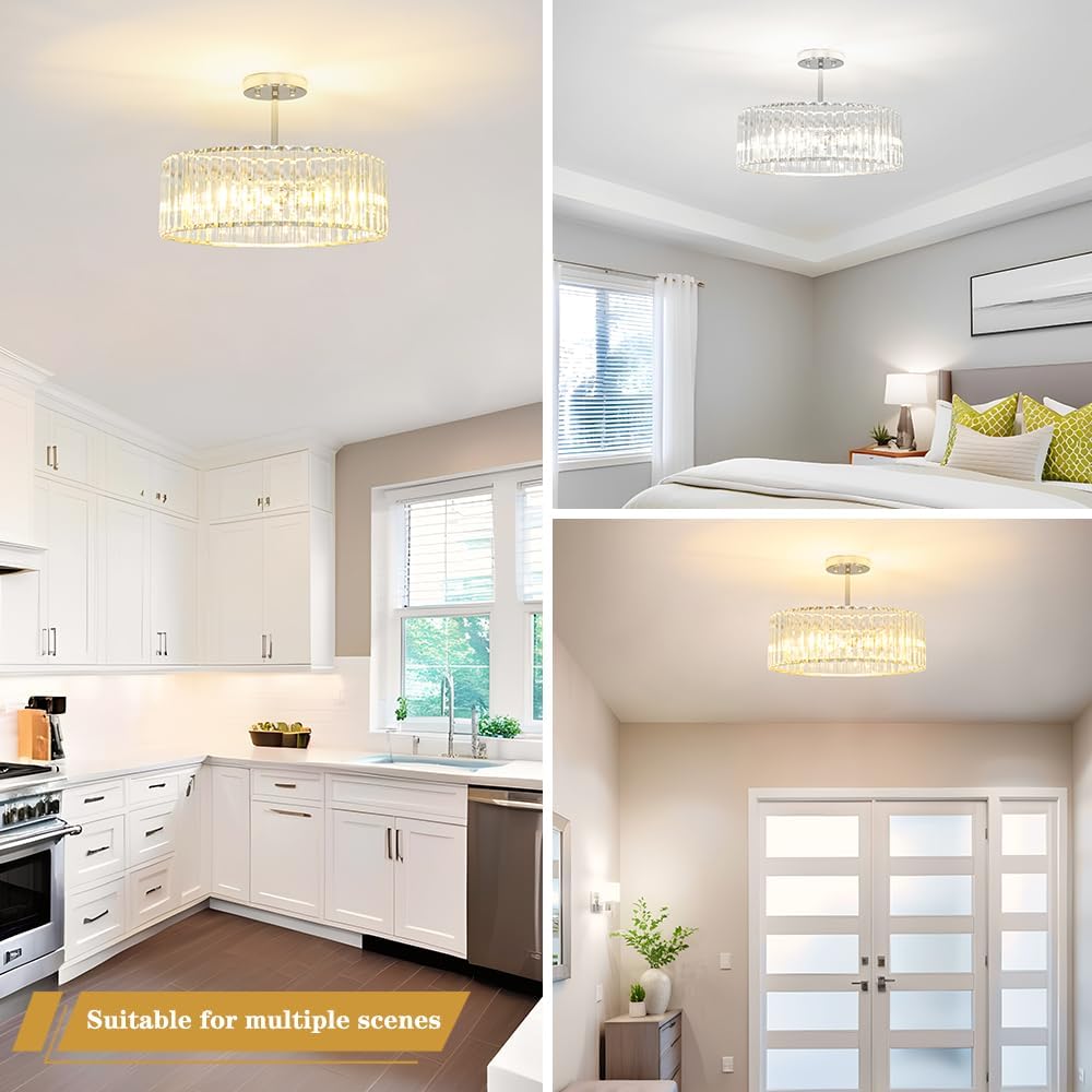 Modern Crystal Ceiling Light Fixture, Semi Flush Mount Ceiling Light, Chrome Hallway Lighting