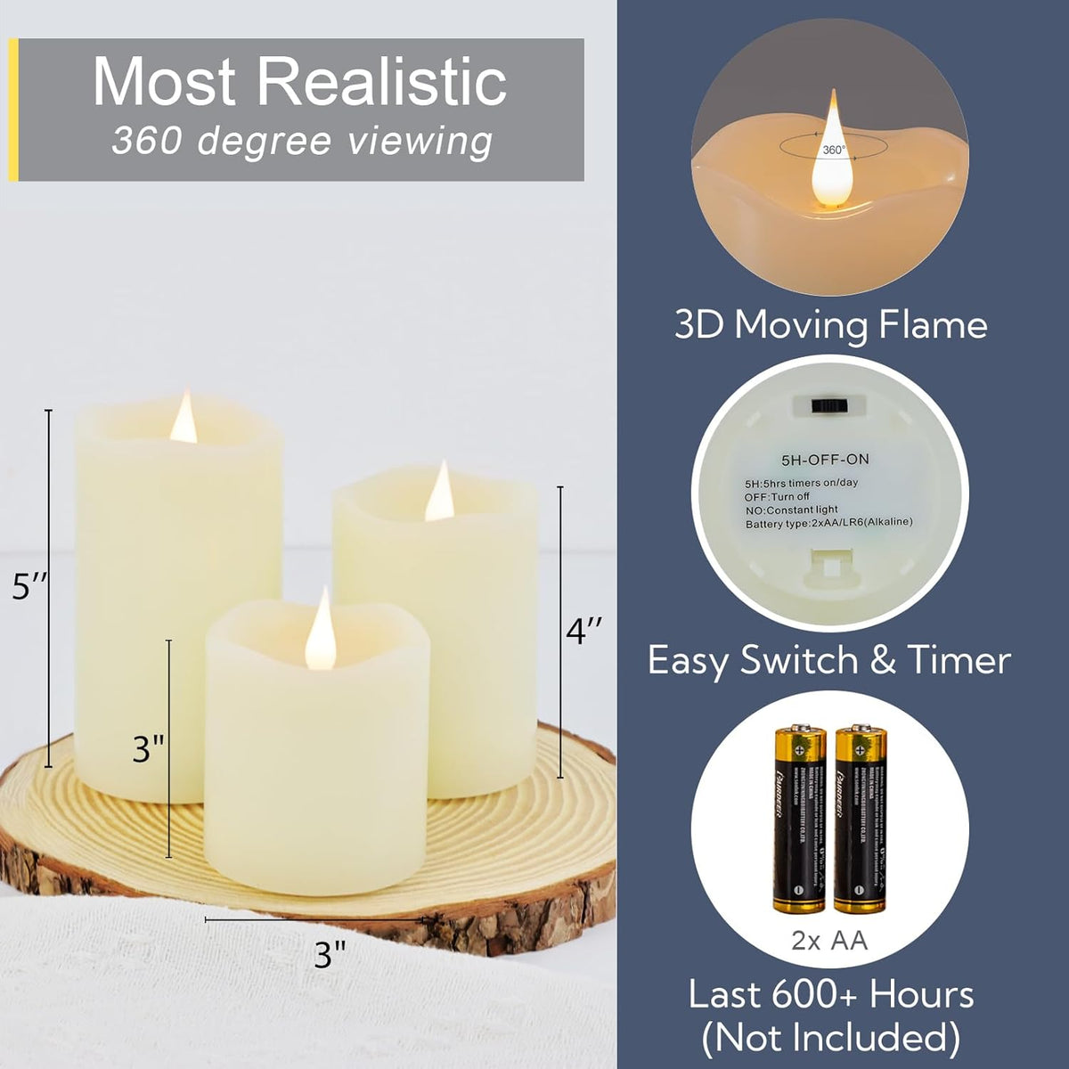 Flameless Candles Battery Operated with Remote Timer, 3D Moving Flame Flickering, Last 600+ Hours