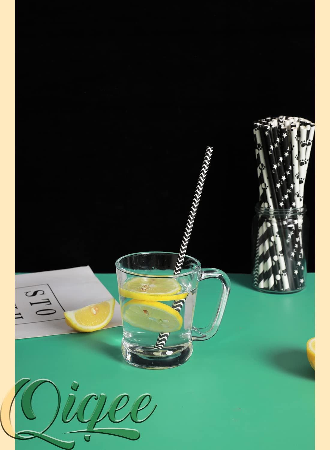 qiqee Black Paper Straws 150pcs Disposable Straws Bulk (10 Black Patterns, Biodegradable