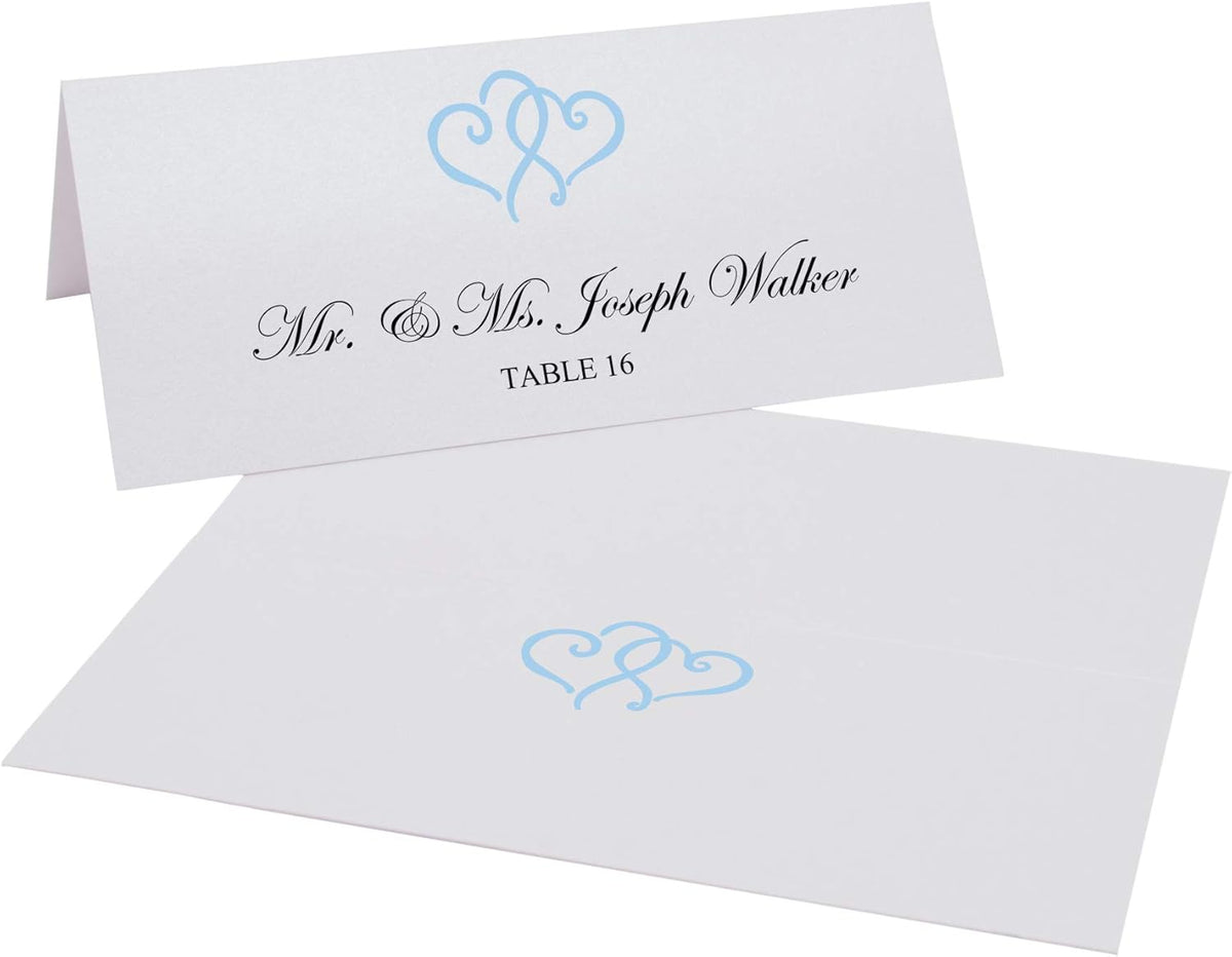 Linked Hearts Place Cards, Light Blue (Choose Color), Set of 25, Pre-cut and Scored - Wedding
