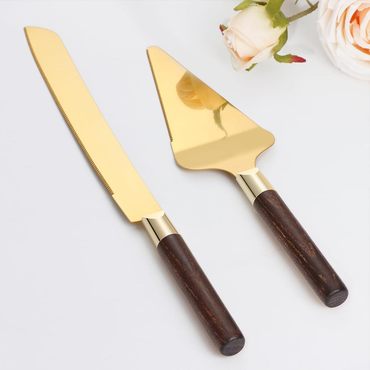 Gold Cake Cutting Set for Wedding, Wood Cake Knife and Server Set, Vintage 2-Piece Pie Cutter Set