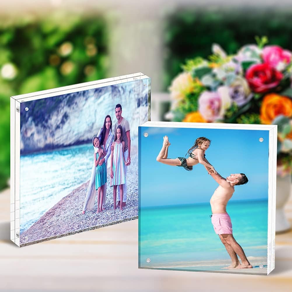 HELPLEX Acrylic Frames, 2 Pack 4x4, 20mm Thicker Frameless Clear Frame, Double Sided Magnetic, Free