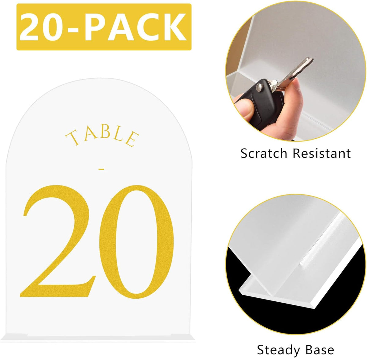 JOYIT Frosted Arch Wedding Table Numbers 1-20 with Stands – 5" X 7" Acrylic Gold Table Number
