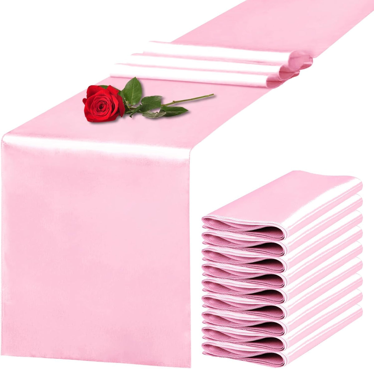 10 Pack Satin Table Runner 12 x 108 Inch Long Pink Silk Table Runner for Wedding Party Banquet