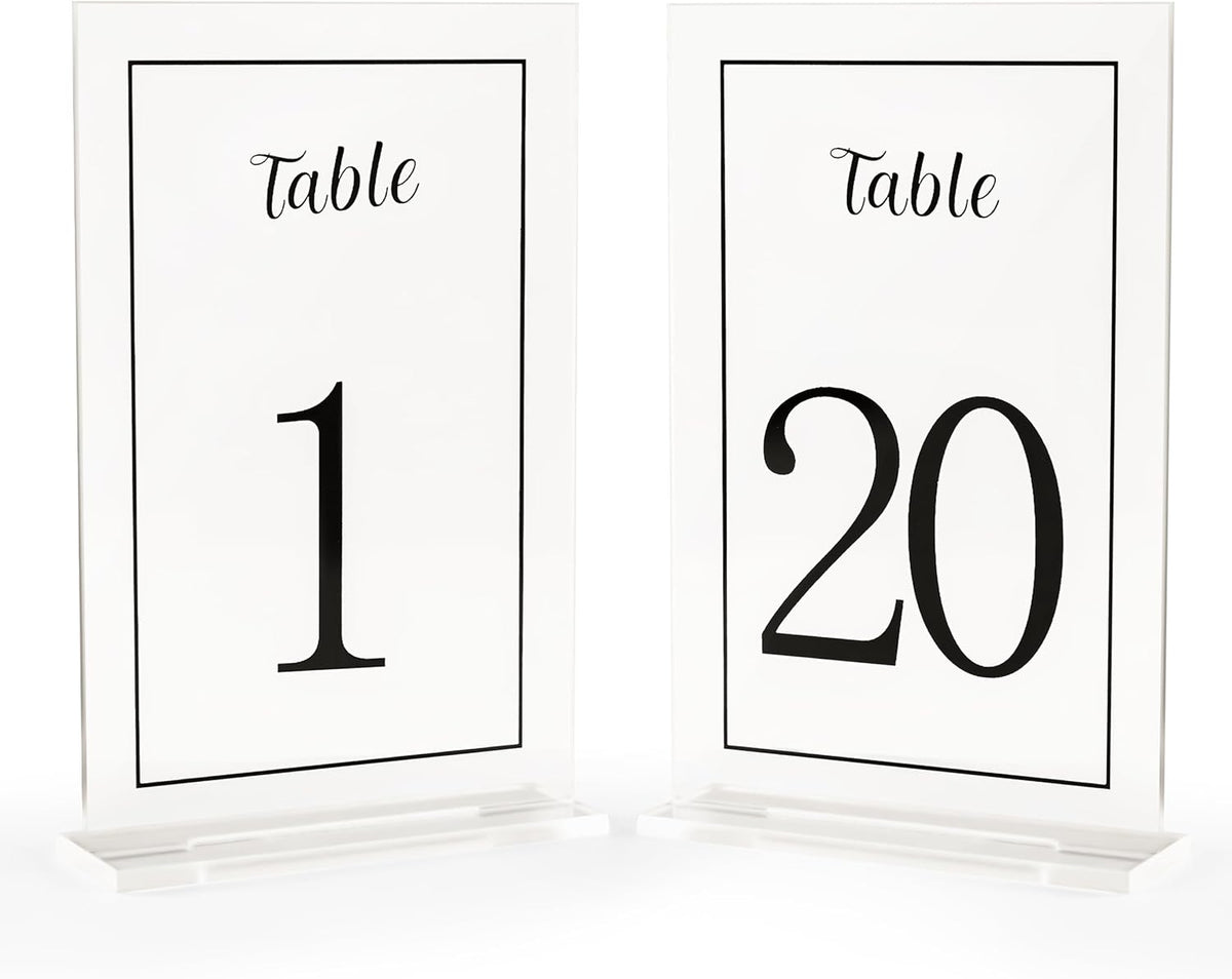Acrylic Table Numbers 1-20 with Stand, Printed Black Font on 4x6 inch Acrylic, Clear Table Number