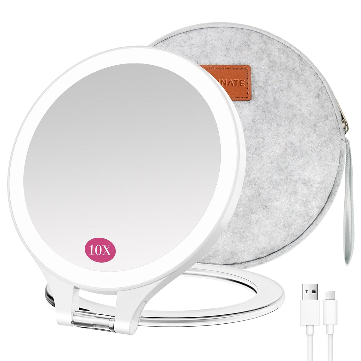 FASCINATE Magnifying Mirror with Light 10X/1X, Double Sided Travel Mirror with Light, Rechargeable