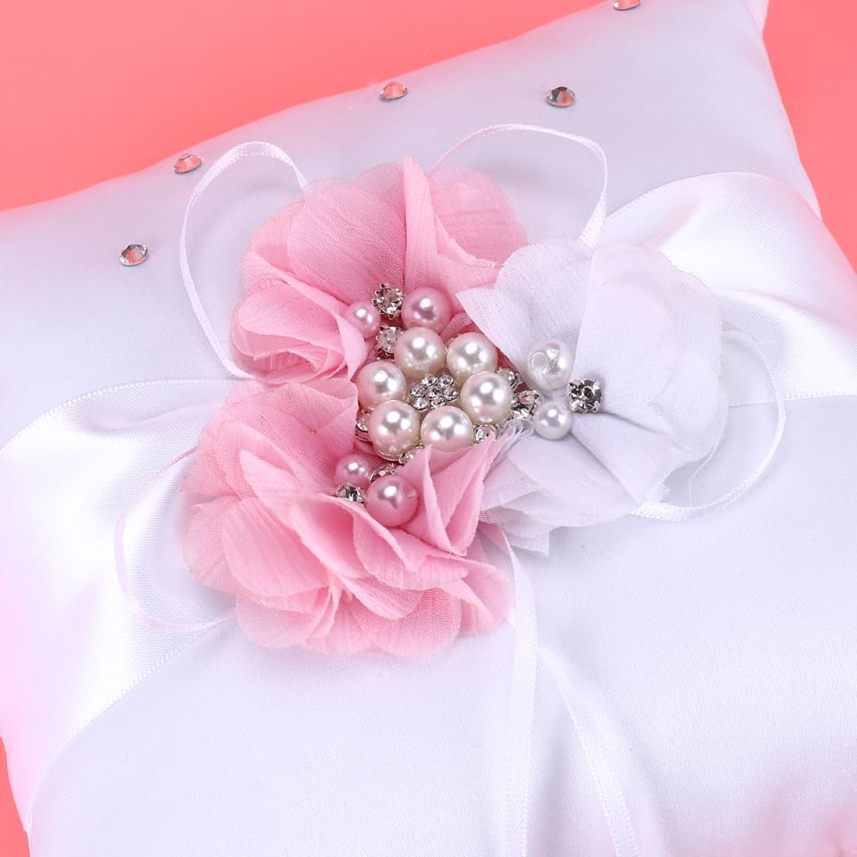 Wedding Ring Pillow Cushion with Pearl and Flower Decoration Elegant White Pink Ring Bearer Pillow
